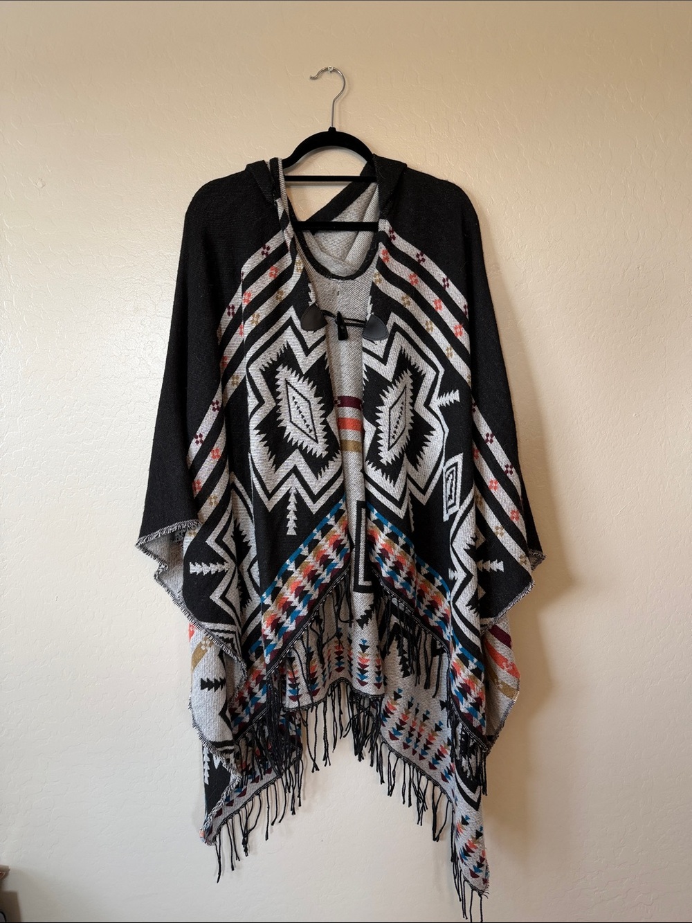 Black Aztec Hooded Poncho with Fringe UNISEX
